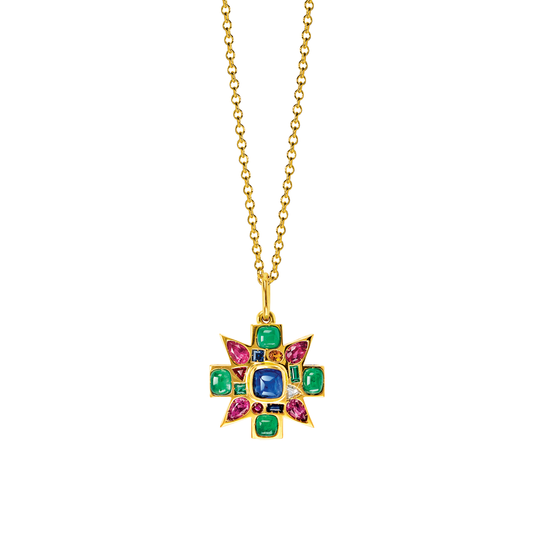 Verdura Mini Byzantine Pendant Necklace in sapphire, emerald, diamond, colored stone and gold