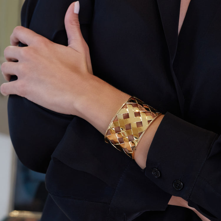 Criss Cross Cuff in gold on model