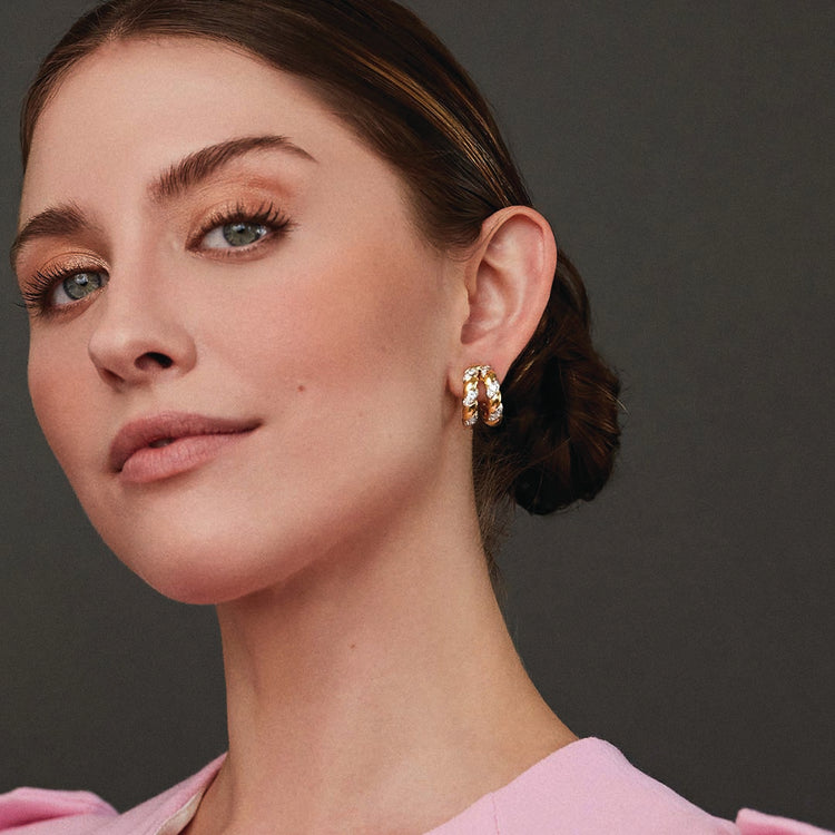 Model wearing Double Torsade Hoop Earclips