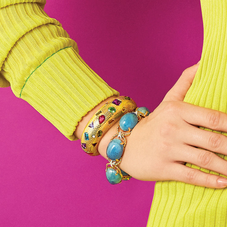 Mosaic Cuff on model paired with a Pebble Bracelet