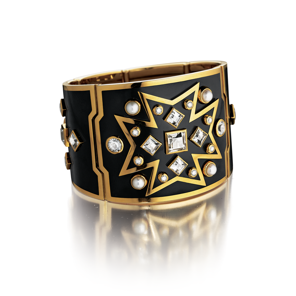 Verdura Chevalier Cuff in Black Enamel with Diamond and Pearl