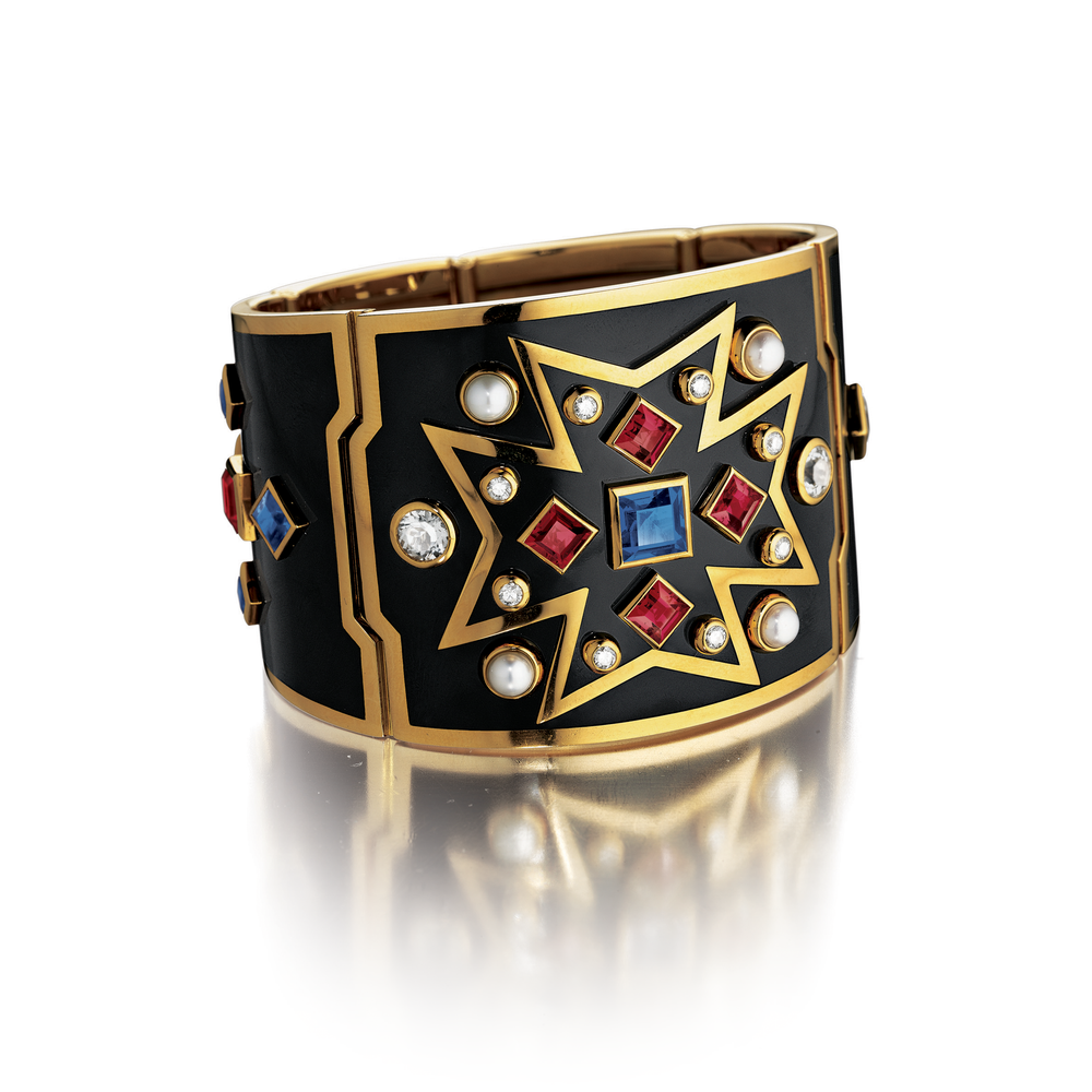 Verdura Chevalier Cuff in Black Enamel with Sapphire, Ruby, and Pearl