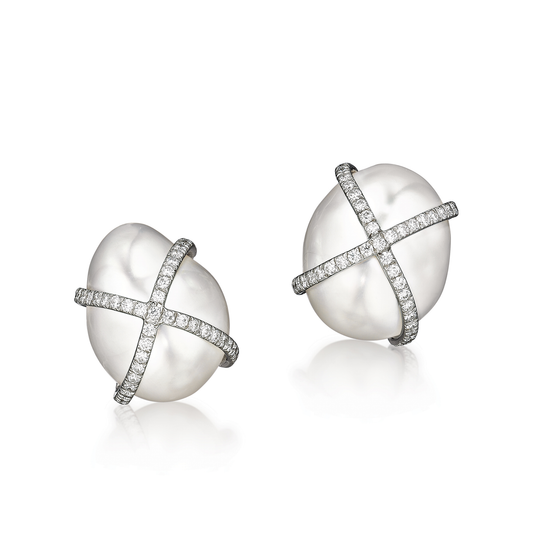 Verdura Diamond Wrapped Pearl Earclips