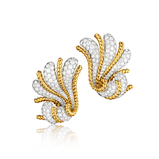 Verdura Fan Earclips in Diamond and Gold