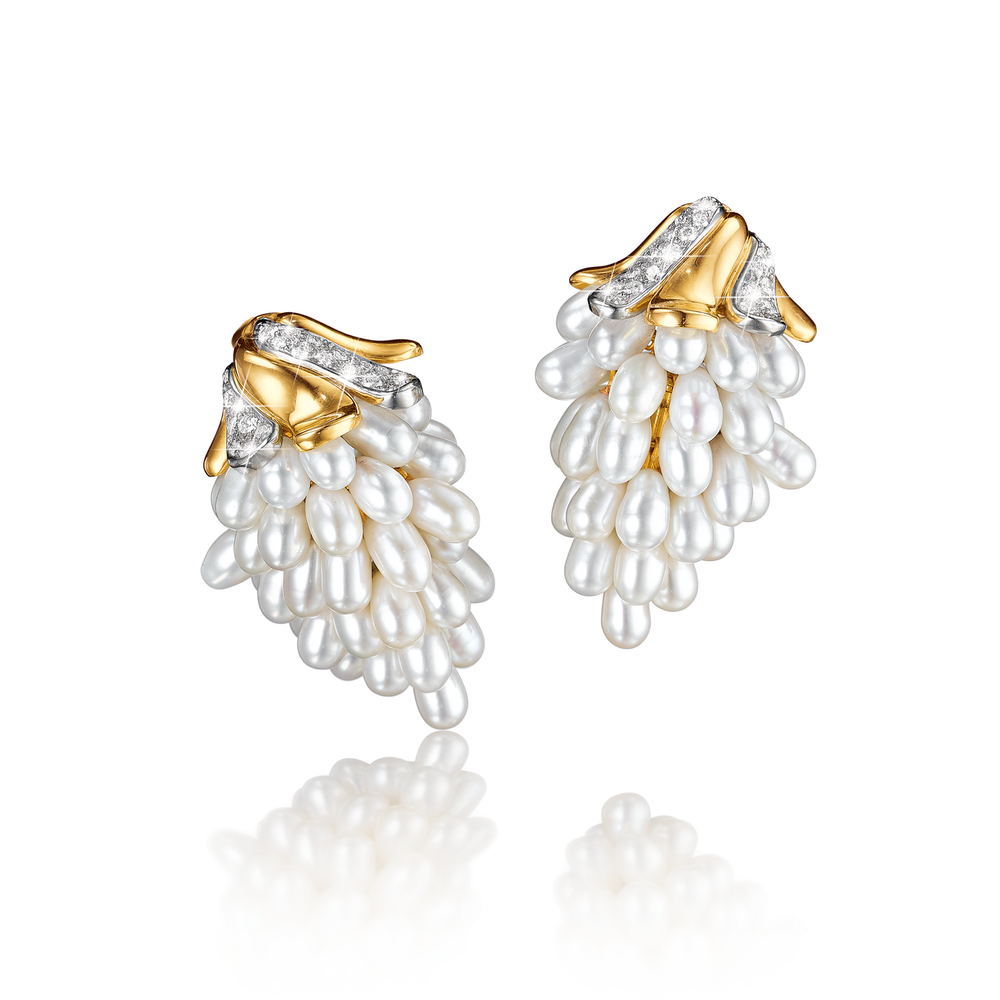 Verdura Grape Earclips in Pearl, Diamond, and Gold