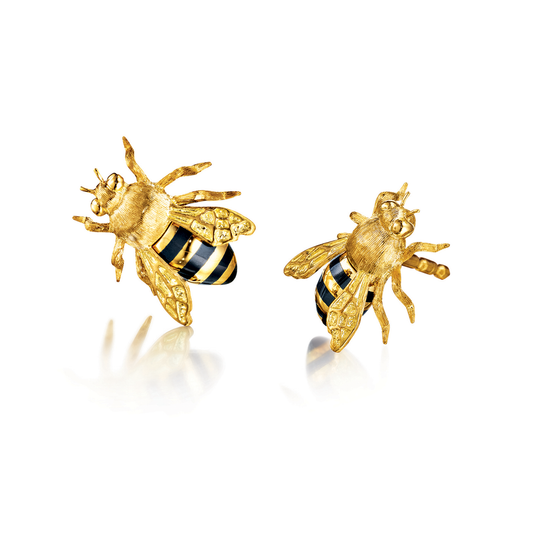 Verdura Honeybee Earstuds in Gold and Black Enamel