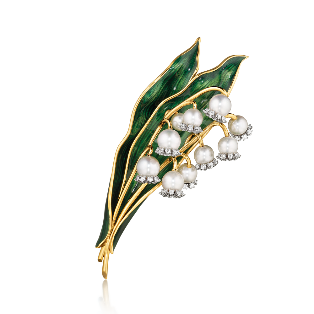 Verdura Lily of the Valley Brooch in Enamel, Pearl, and Diamond