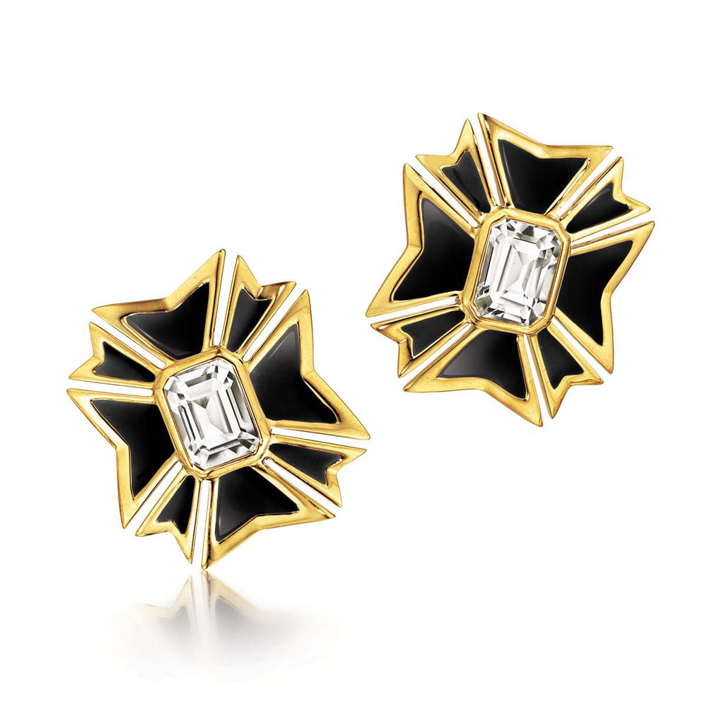 Verdura-Maltese-Earclips-White-Topaz-Black-Enamel