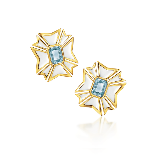 Verdura Maltese Earclips in Aquamarine and White Enamel