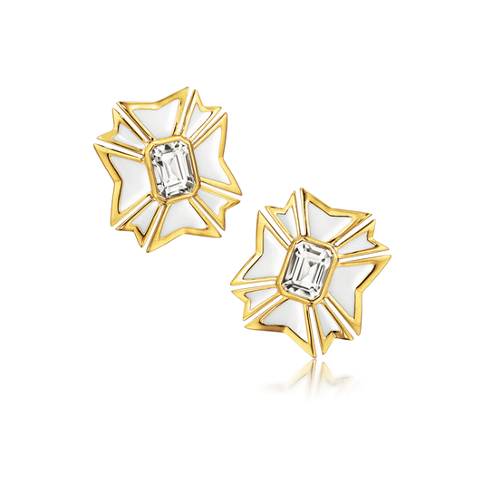 Verdura Maltese Earclips in White Enamel and White Topaz