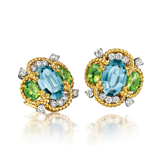 Verdura Quatrefoil Earclips in Aquamarine and Peridot