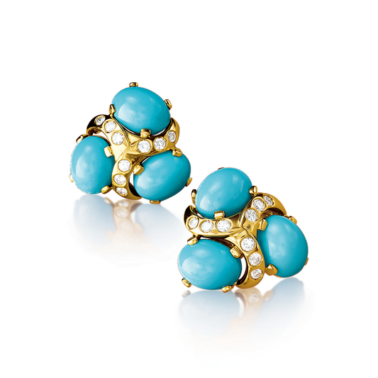 Verdura Three Stone Earclips in Turquoise and Diamond