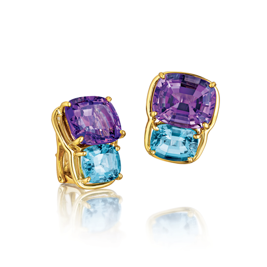 Verdura Two Stone Earclips in Amethyst and Blue Topaz