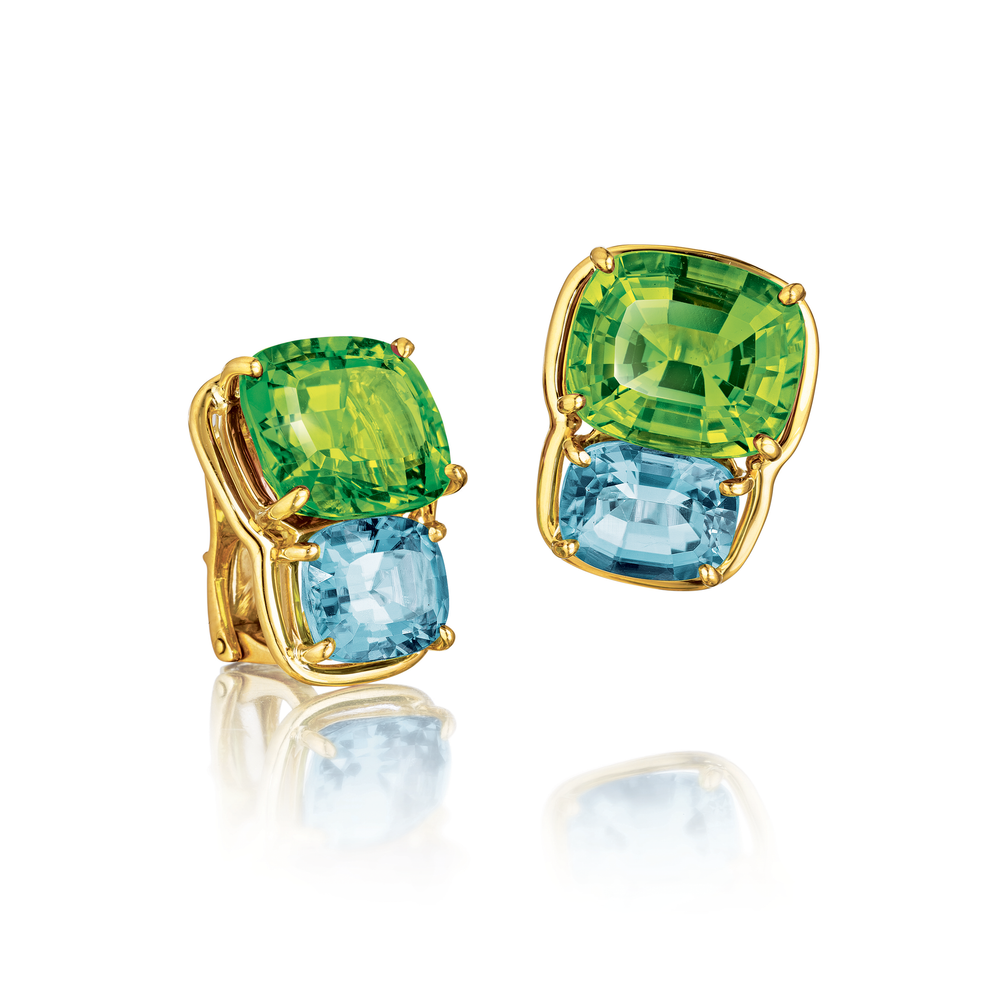 Verdura Two Stone Earclips in Peridot and Blue Topaz