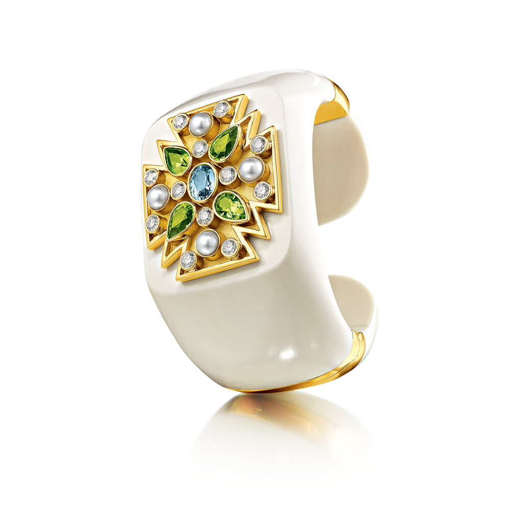 Verdura Maltese Cross Cuff in Cocholong with Aquamarine and Peridot