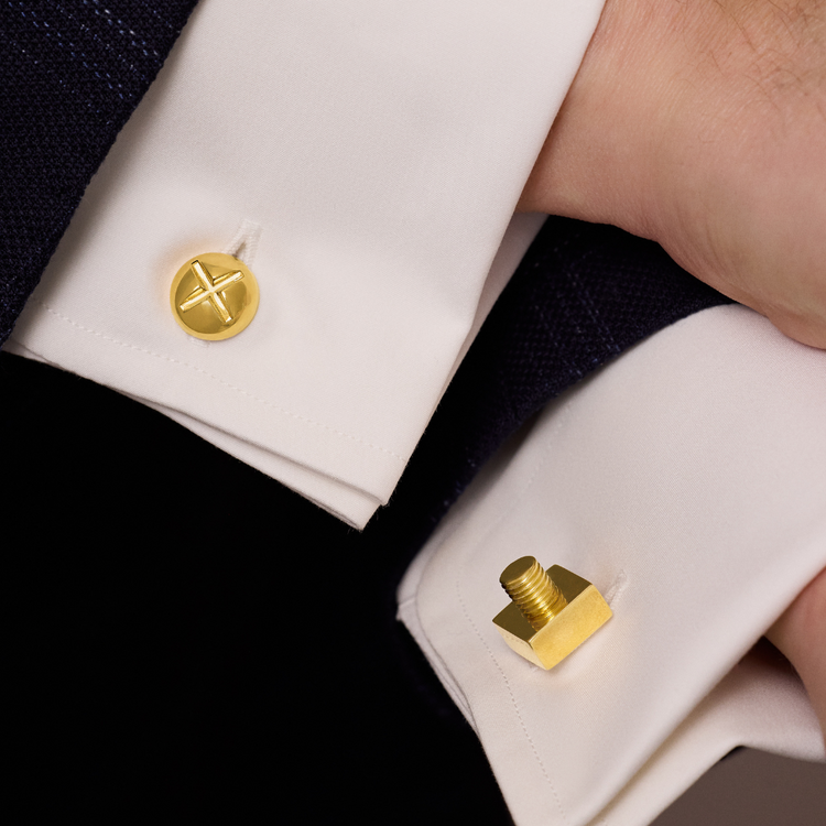 Verdura Nut and Bolt Cufflinks front and back on model