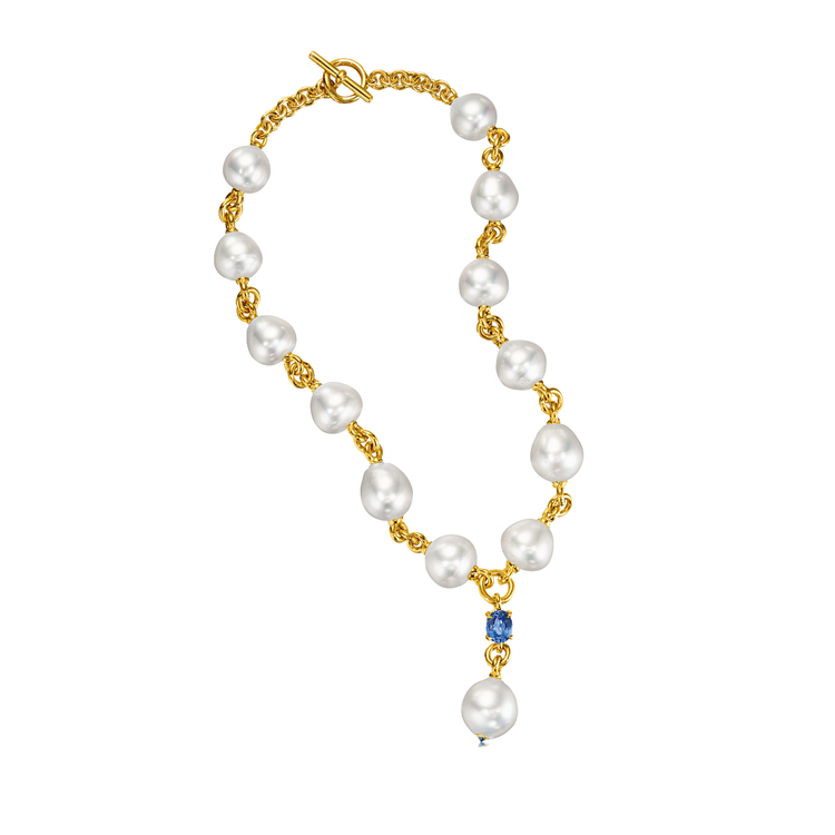 Verdura South Sea "Y" Necklace with South Sea Pearls, Sapphire, and Gold
