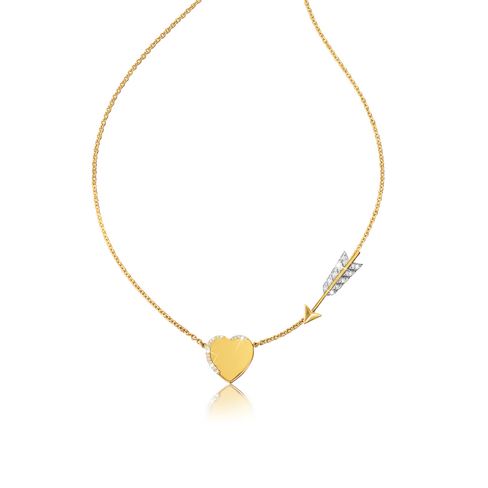 Verdura Cupid’s Arrow Pendant Necklace in gold and platinum with diamonds, inspired by Verdura and Salvador Dalí’s shared design language of arrows and hearts