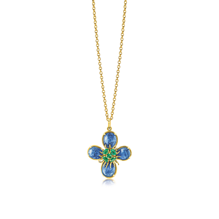 Verdura Dogwood Pendant Necklace in gold with sapphires and emeralds, inspired by the 1943 Dogwood Brooch designed by Verdura and memorialized in a painting by Salvador Dalí.