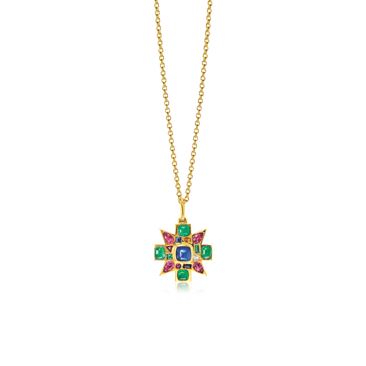 Verdura Mini Byzantine Pendant Necklace in gold with sapphires, emeralds, and colored gemstones on 16-inch chain.