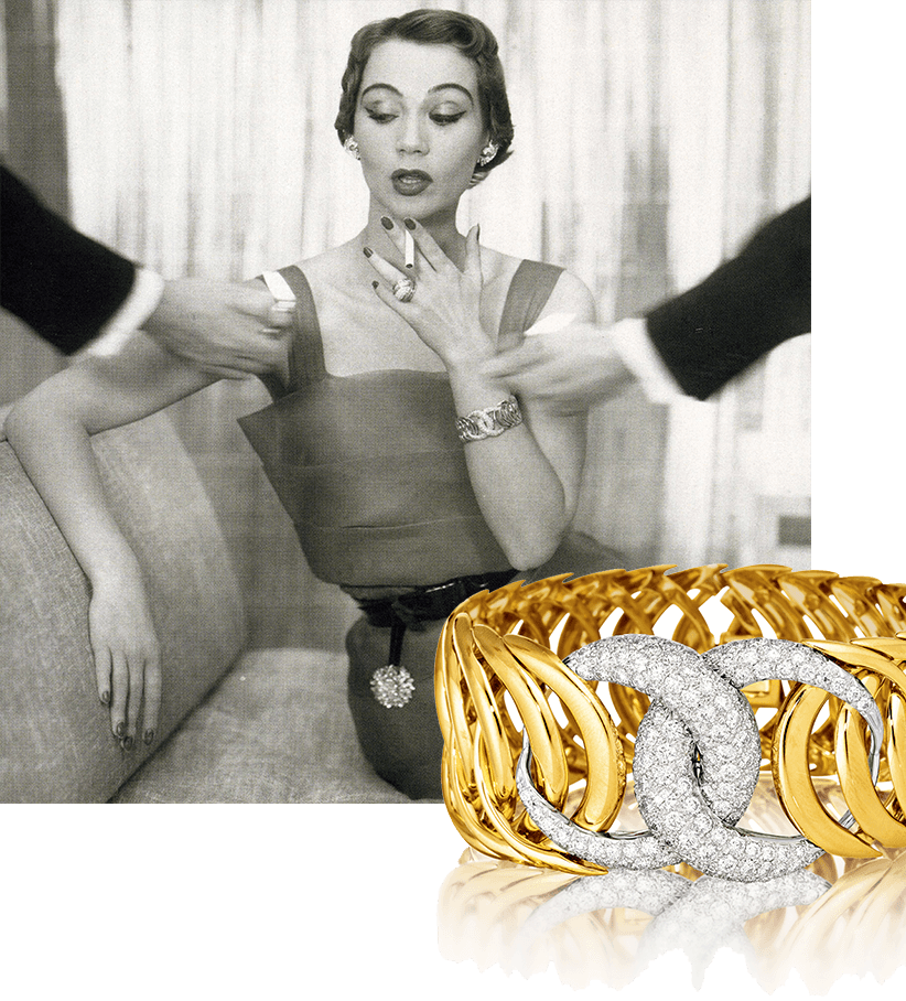 Image of model wearing Verdura's Double Crescent Bracelet, 1950 and Double Crescent Bracelet in gold and diamond
