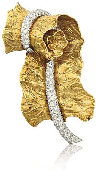 Gold and Diamond Furled Leaf Brooch