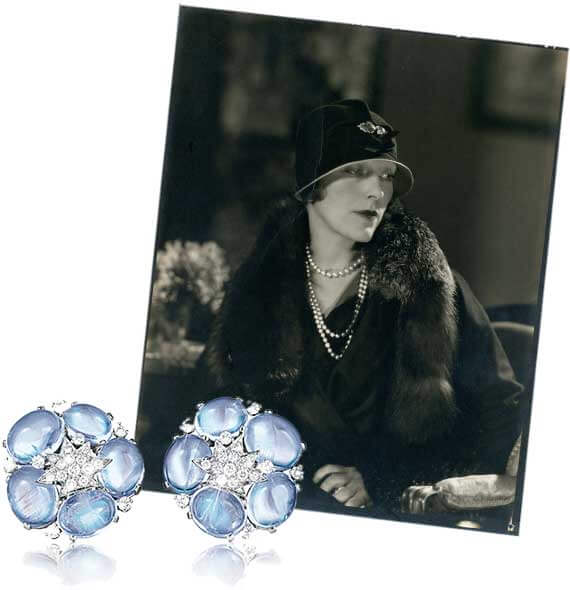 Mrs. Cole (Linda) Porter, circa 1920 with moonstone Stardust Cluster Earclips