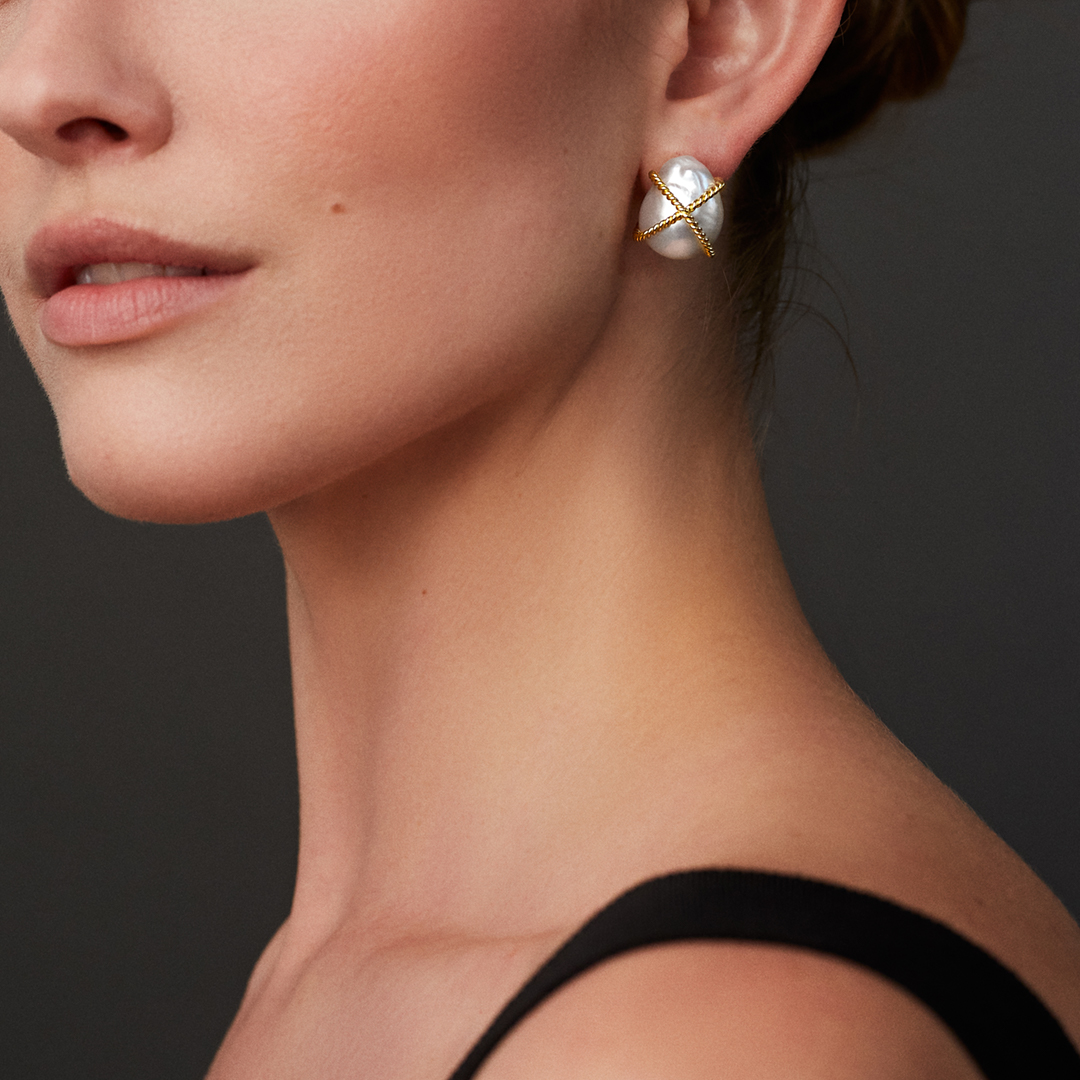 Wrapped Pearl Earclips on model