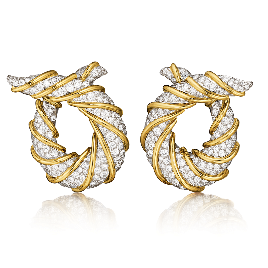 Twisted Horn Earclips in gold and diamond