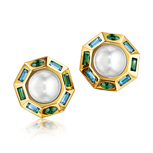 Verdura-Jewelry-Byzantine-Earclips-Gold-Pearl-Tourmaline-Blue-Topaz