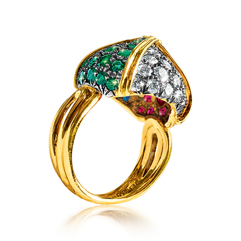 Verdura-Jewelry-Byzantine-Sugarloaf-Ring-Gold in Emerald-Sapphire-Ruby and Diamond