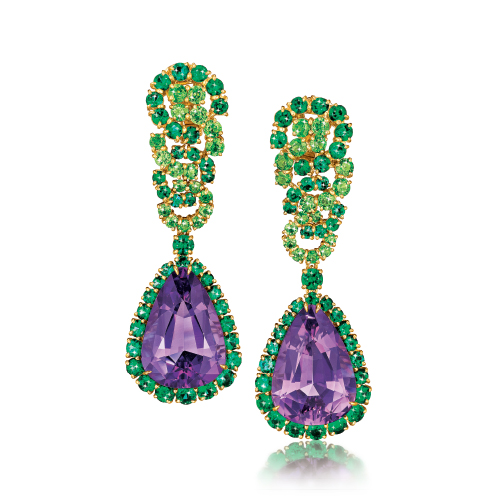 Verdura-Jewelry-Cascade-Earclips in Gold-Amethyst-Garnet and Emerald