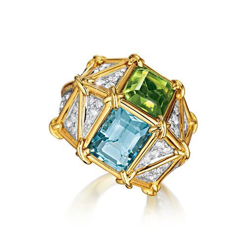 Verdura-Jewelry-Kaleidoscope-Ring in Gold-Diamond-Aquamarine and Peridot