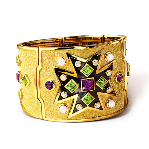 Verdura-Jewelry-Maltese-Cross-Bracelet-Gold-Amethyst-Peridot-Pearl