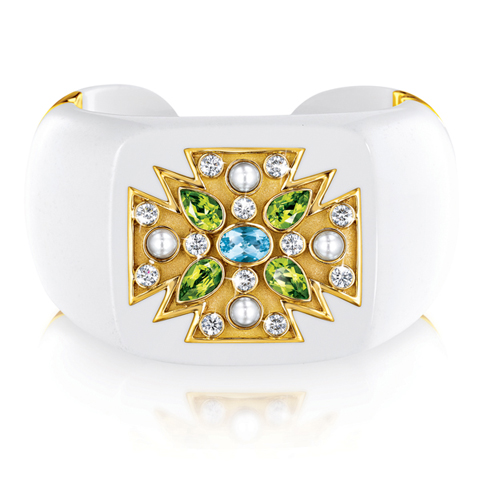 Verdura-Jewelry-Maltese-Cross-Cuff-Cocholong-Gold-Aquamarine-Peridot-Pearl