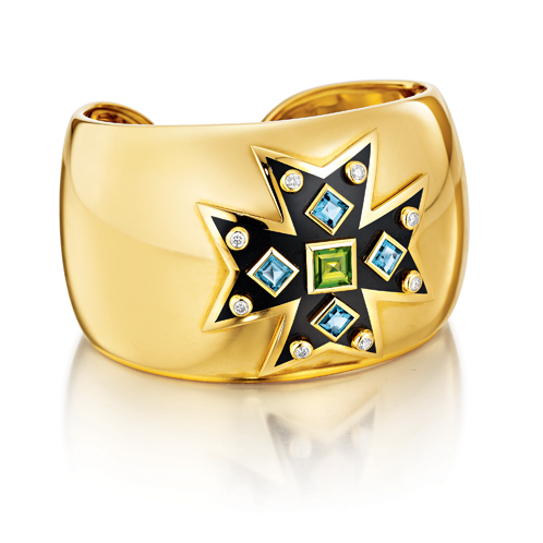 Verdura-Jewelry-Maltese-Cross-Cuff-Gold-Peridot-Blue-Topaz-Enamel