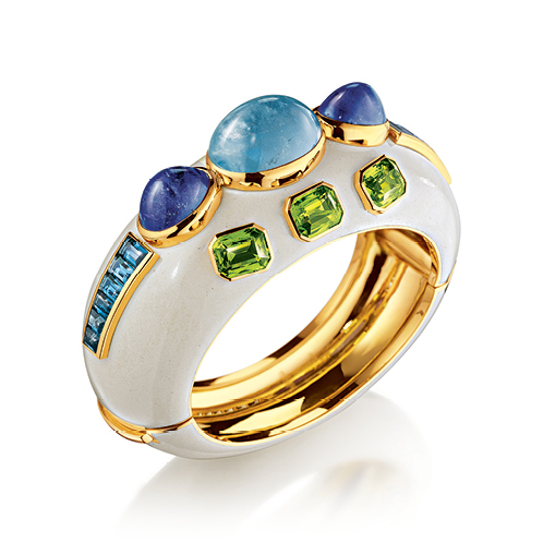 Verdura-Jewelry-Ravenna-Cuff-Gold-Aquamarine-Tanzanite-Peridot-Blue-Topaz-Enamel