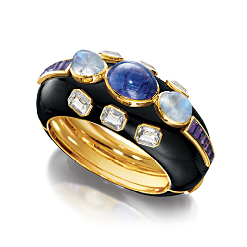 Verdura-Jewelry-Ravenna-Cuff-Gold-Tanzanite-Moonstone-White-Topaz-Amethyst-Enamel