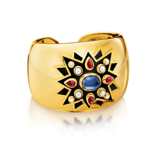 Verdura-Jewelry-Sunburst-Cuff-Gold-Sapphire-Ruby-Enamel