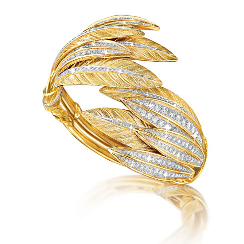 Verdura-Jewelry-Tiara-Feather-Bracelet-Gold-Diamond