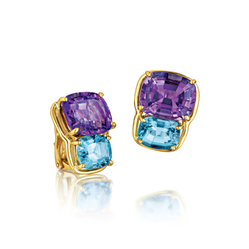 Verdura-Jewelry-Two-Stone-Earclips in Gold-Amethyst and Blue-Topaz