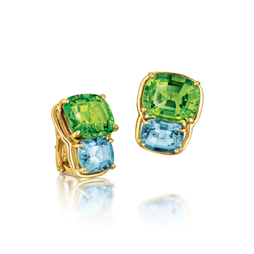 Verdura-Jewelry-Two-Stone-Earclips in Gold-Peridot and Blue-Topaz
