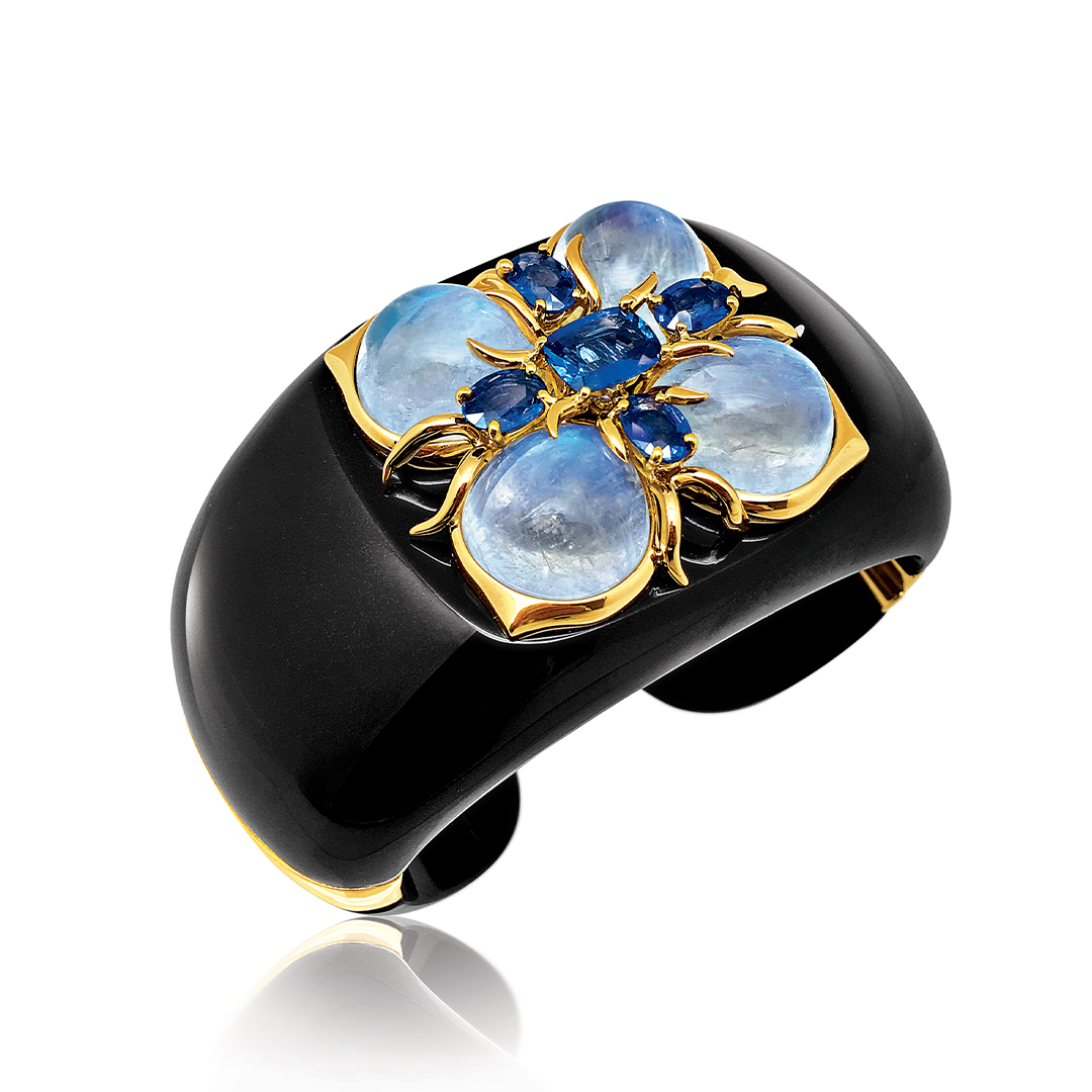 Dogwood Cuff in moonstone, sapphire, black jade and 18k gold