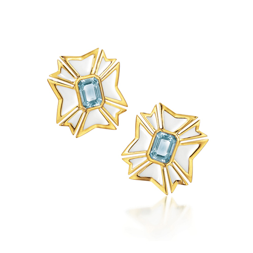 Verdura-Jewelry-Maltese-Cross-Earclips-Gold-Aquamarine-Enamel