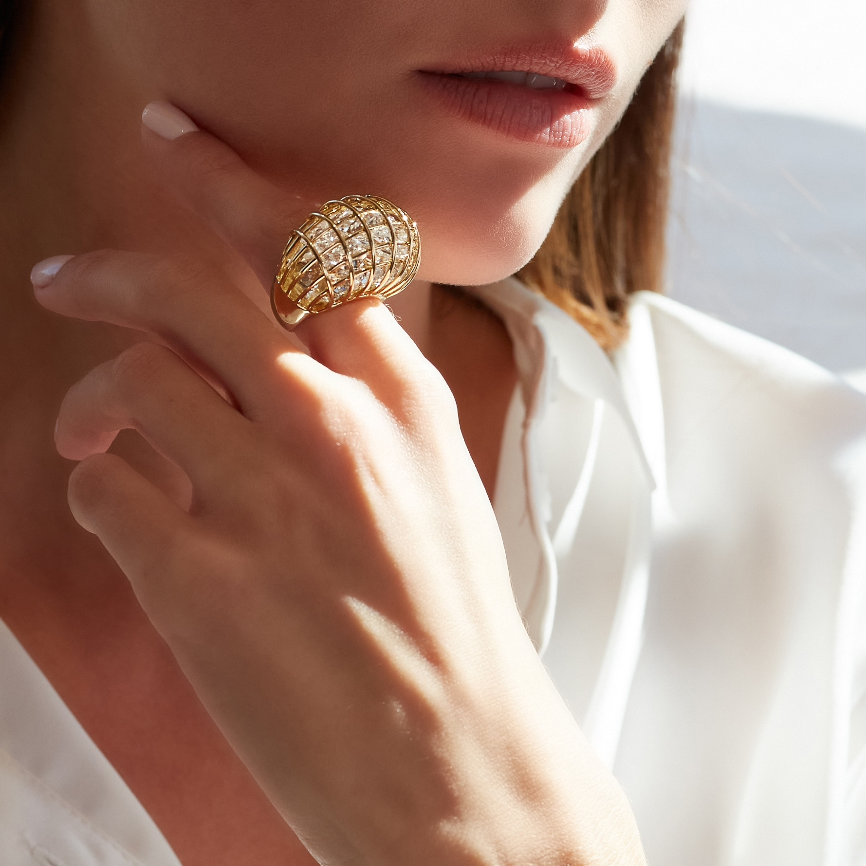 Verdura-Jewelry-Caged-Ring-Gold-Rock-Crystal-on-model