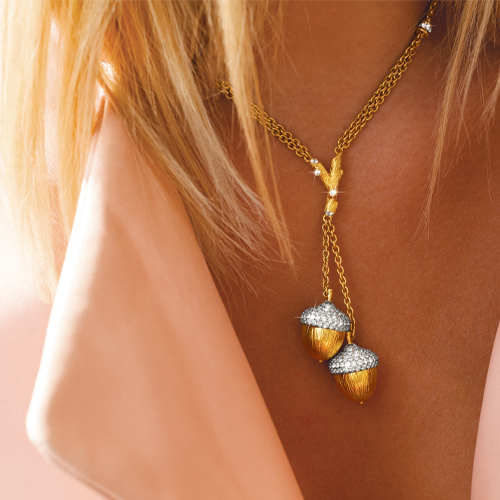 acorn lariat necklace on model