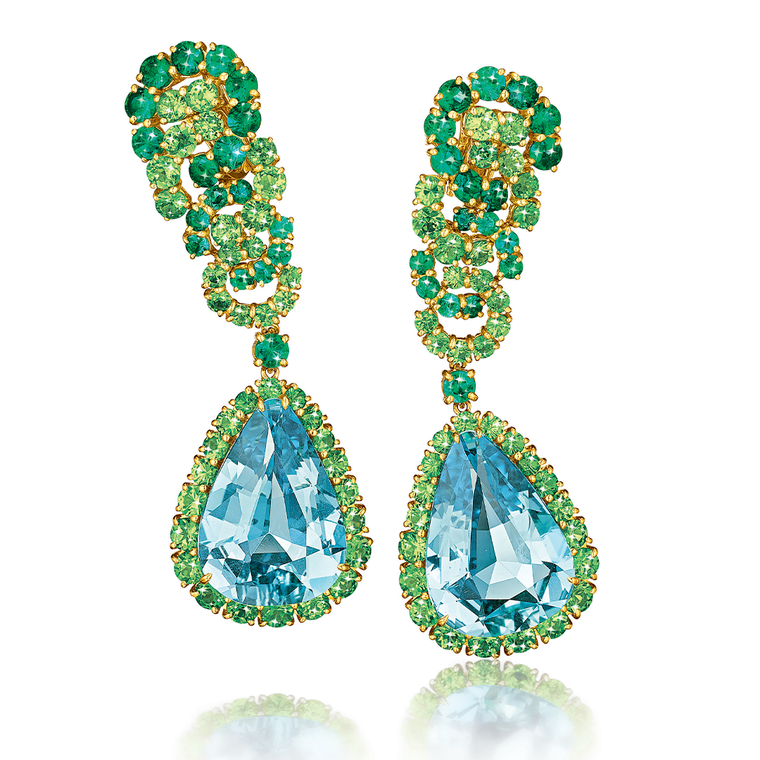 Cascade Earclips in aquamarine-tsavorite-emerald