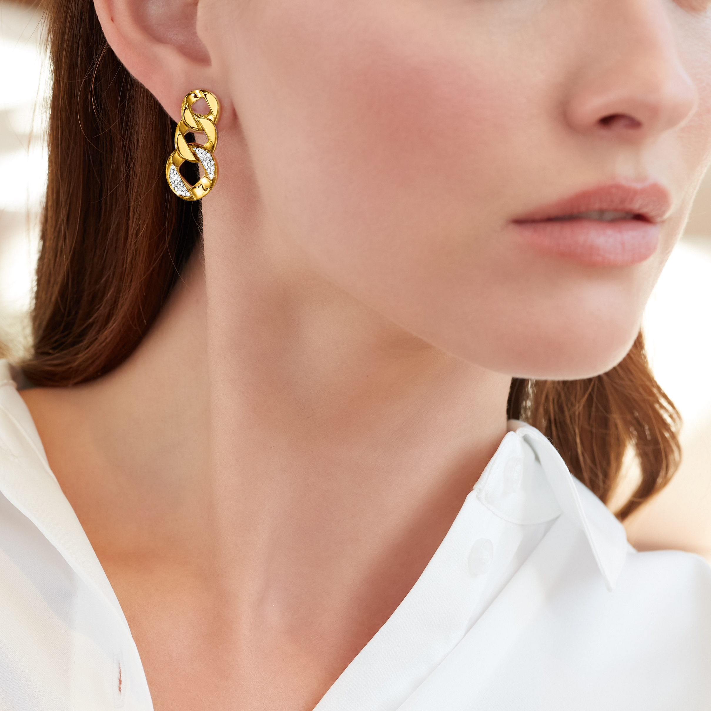 curb-link piccolo Earclips with diamonds on model