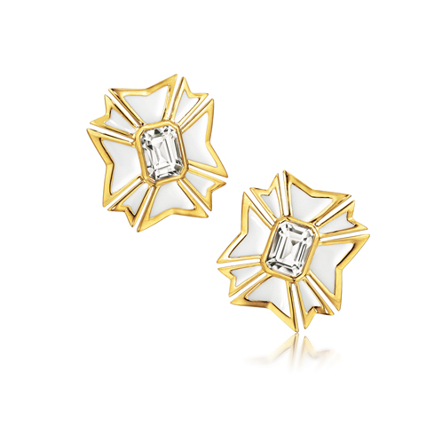 Verdura-Jewelry-Maltese-Cross-Earclips-Gold-White-Topaz-Enamel