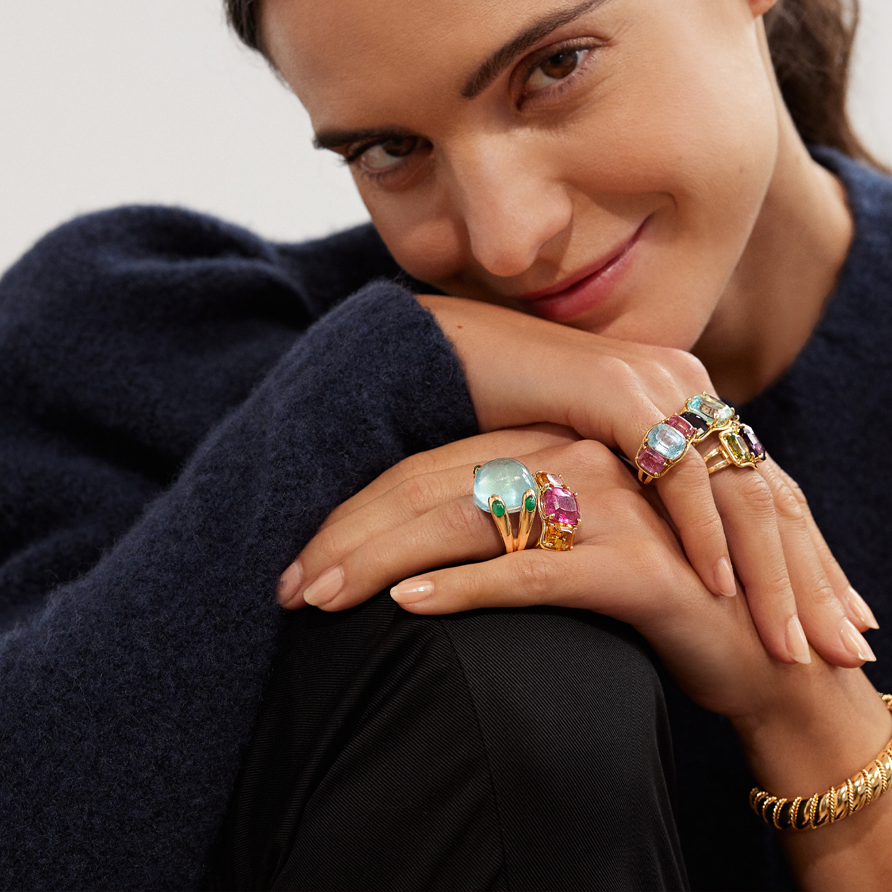 Candy Rings and Three Stone Rings on model